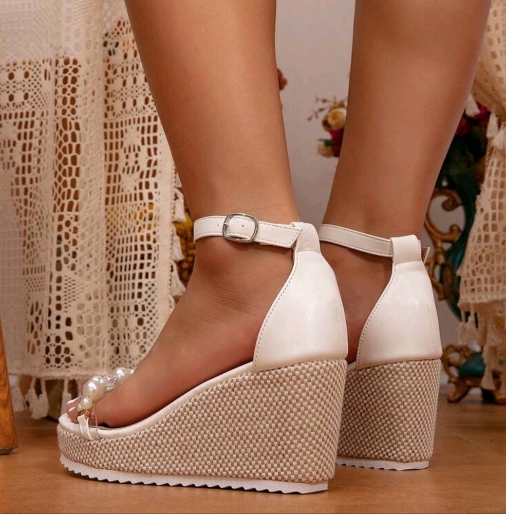 Women Platform Wedge Sandals With Thick Soles, White Pearl One-Strap Sandals - Picture 4 of 5